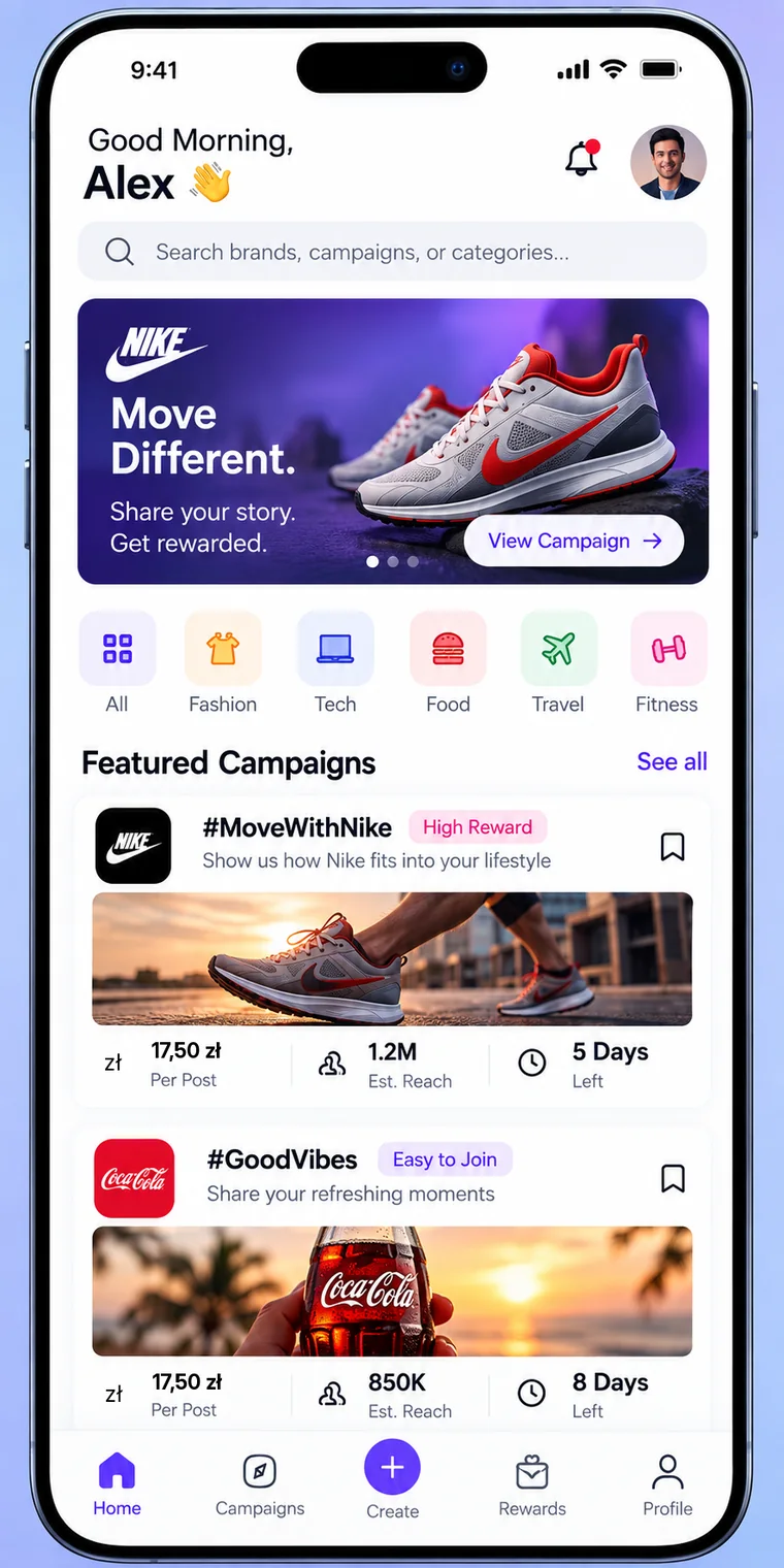 Klicq app home screen with a featured campaign, category shortcuts and campaign cards showing the reward per post in złoty.